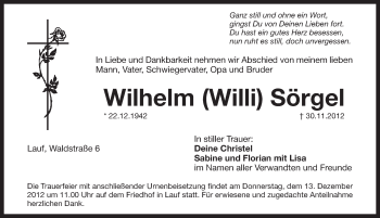 Traueranzeige von Wilhelm Sörgel von Pegnitz-Zeitung